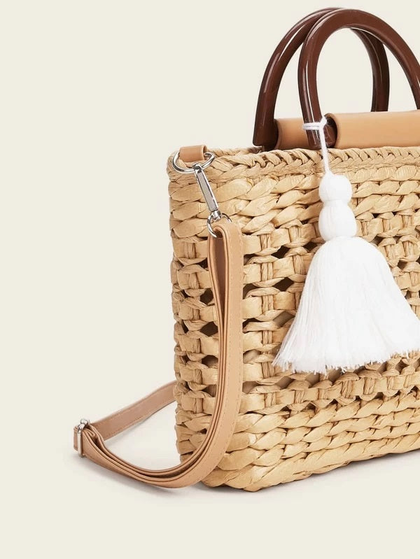 CM-BGS318583 Women Trendy Seoul Style Tassel Charm Braided Satchel Bag - Khaki