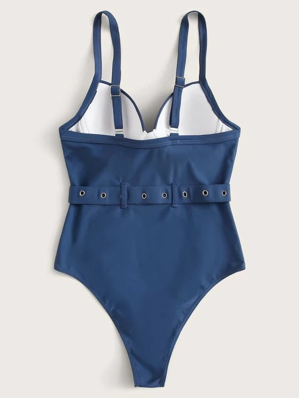 CM-SWS228799 Women Trendy Seoul Style Underwired Belted One Piece Swimsuit - Blue
