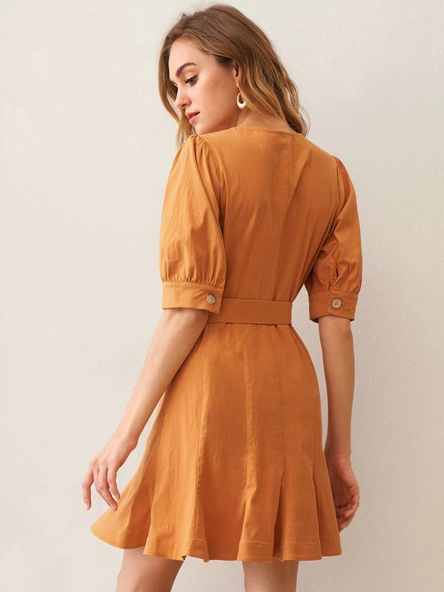 CM-DS226458 Women Elegant Seoul Style V-Neck Half Sleeve Button Front Buckle Belted Dress - Orange