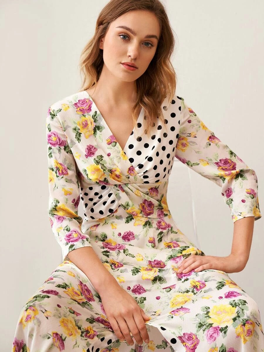 CM-DS224478 Women Elegant European Style Surplice Neck Split Ruffle Hem Polka Dot Floral Print Dress