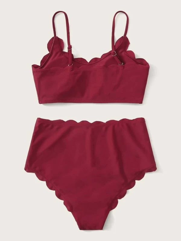 CM-SWS320726 Women Trendy Seoul Style Scallop Trim High Waisted Bikini Swimsuit - Red