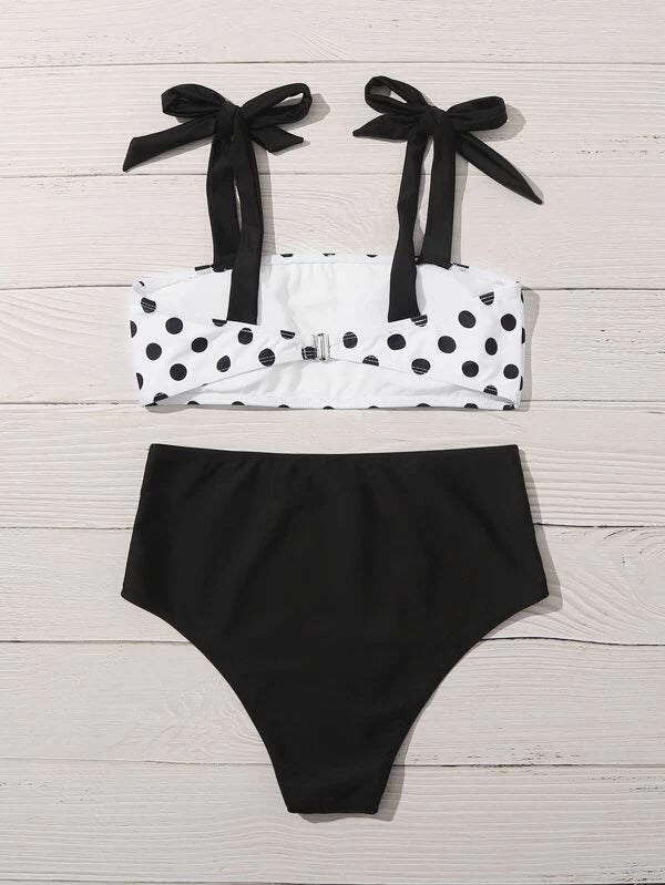 CM-SWS323483 Women Trendy Seoul Style Polka Dot Tie Shoulder High Waist Bikini Swimsuit