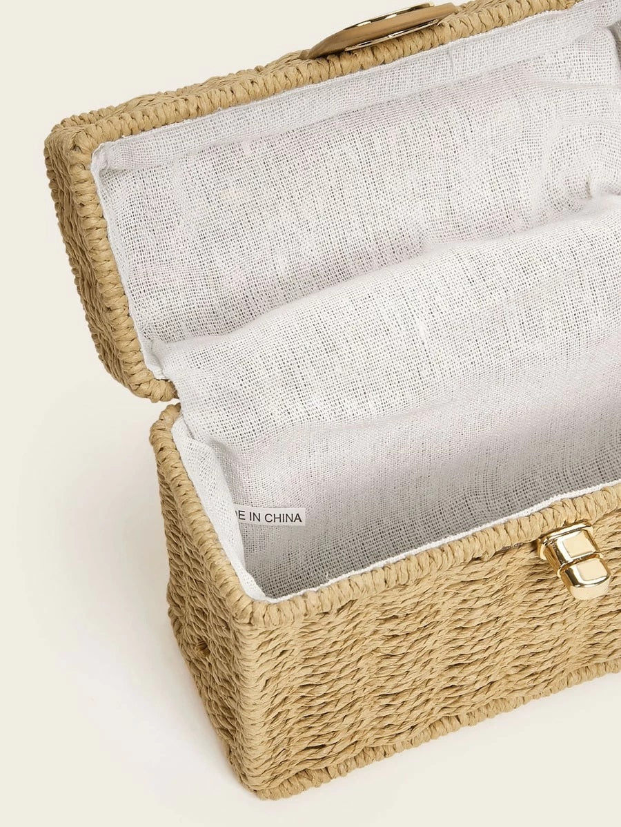 CM-BGS323064 Women Trendy Bohemian Style Woven Structured Box Bag - Khaki