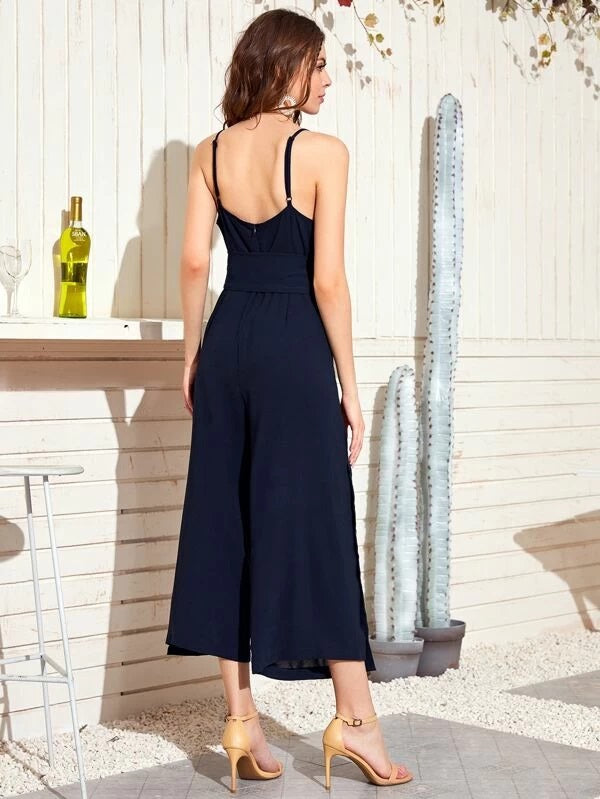 CM-JS319314 Women Casual Seoul Style Sleeveless Plunging Button Side Wide Leg Belted Jumpsuit - Navy Blue