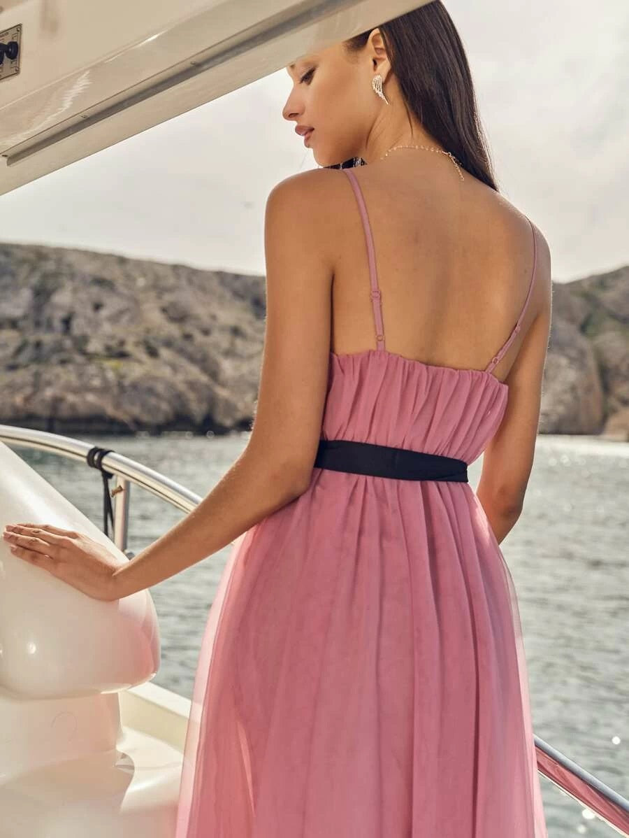 CM-DS225945 Women Elegant Seoul Style Sleeveless Ruched Mesh Overlay Cami Dress With Belt - Pink