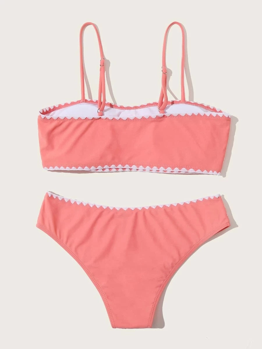 CM-SWS326127 Women Trendy Seoul Style Geometric Print Whip Stitch Bikini Swimsuit - Pink