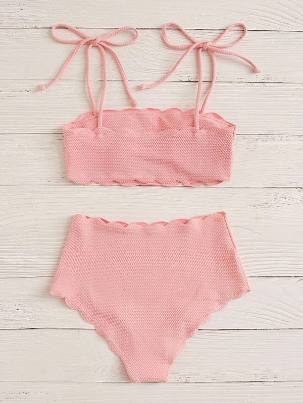CM-SWS320827 Women Trendy Seoul Style Textured Scallop Tie Shoulder Bikini Swimsuit - Pink