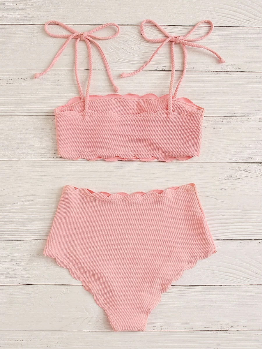 CM-SWS320827 Women Trendy Seoul Style Textured Scallop Tie Shoulder Bikini Swimsuit - Pink
