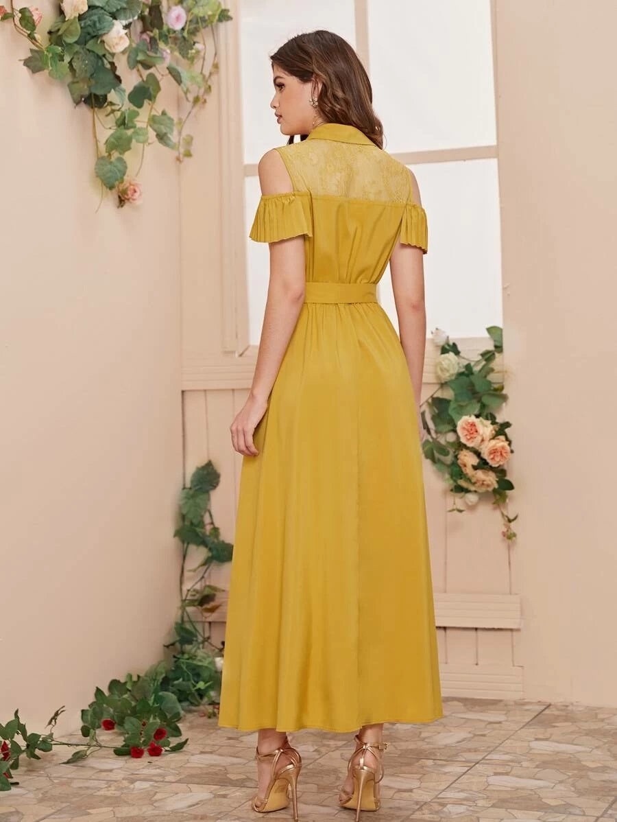 CM-DS109068 Women Casual Seoul Style Cold Shoulder Sheer Lace Insert Belted Long Dress - Yellow