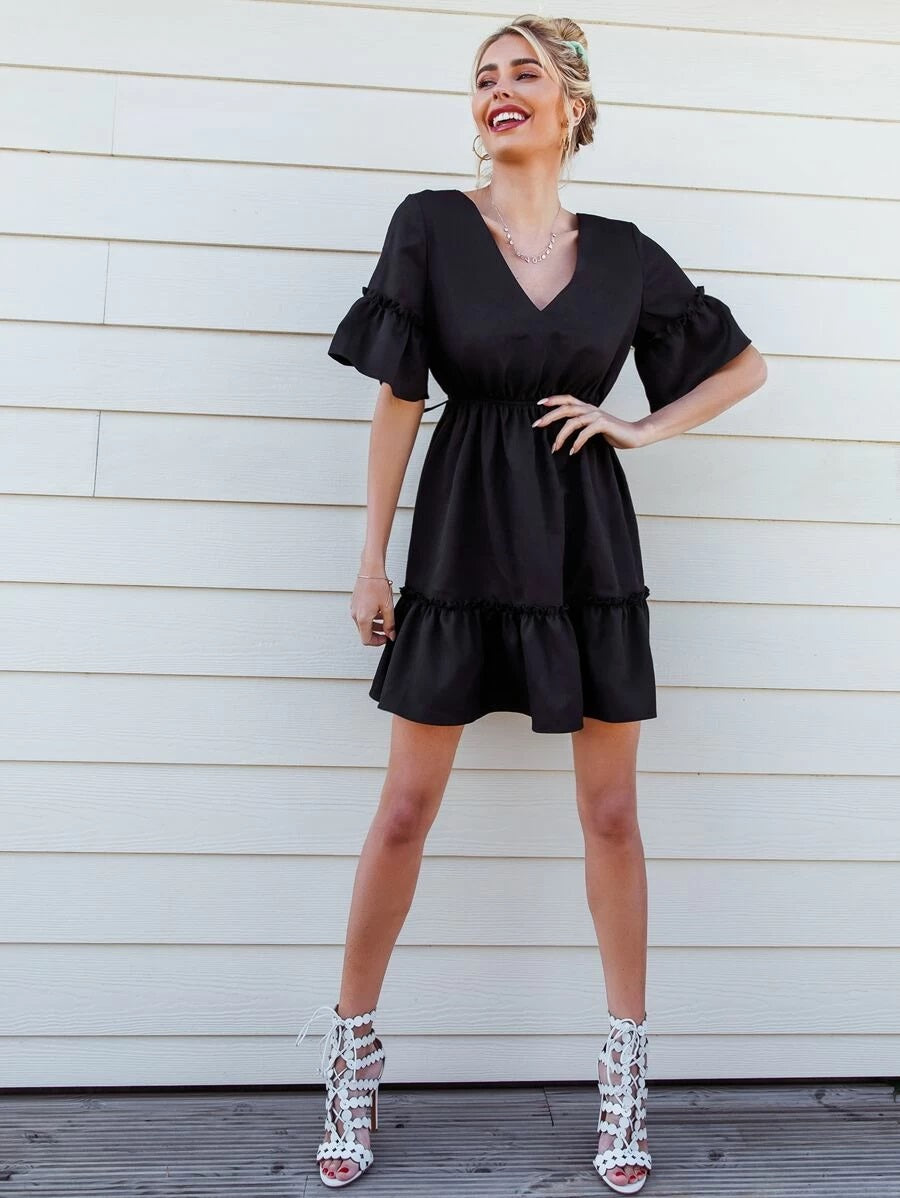 CM-DS309479 Women Casual Seoul Style Deep V-Neck Tie Back Bell Sleeve Ruffle Hem Dress - Black