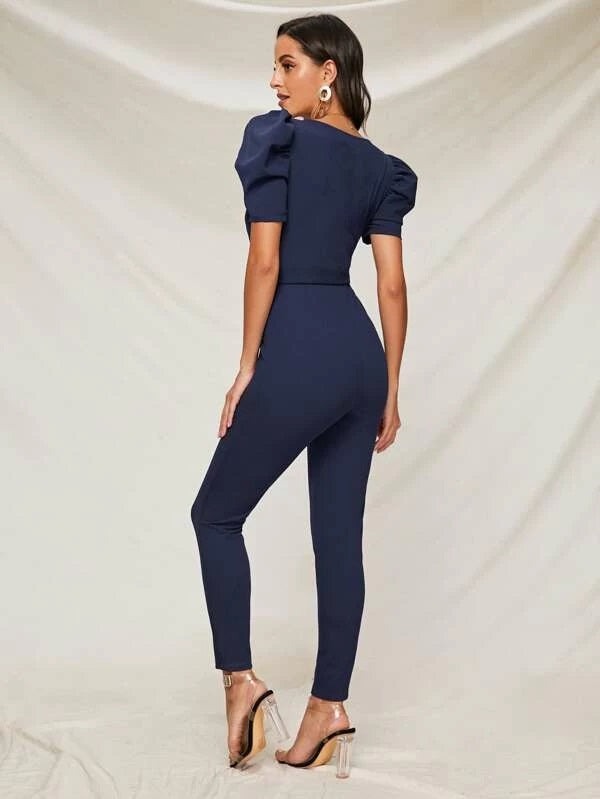 CM-JS102893 Women Elegant Seoul Style Surplice Neck Puff Sleeve Buckle Belted Jumpsuit - Navy Blue