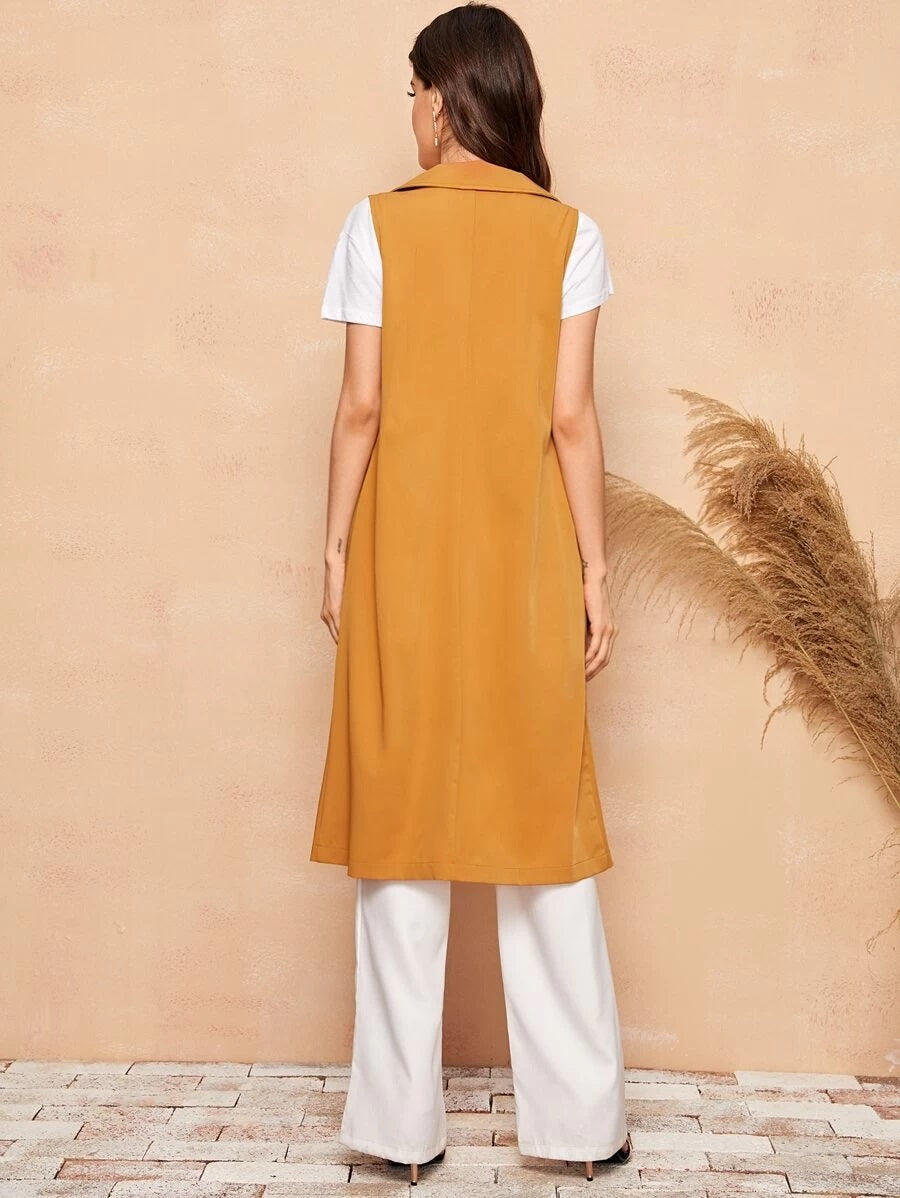 CM-CS319784 Women Casual Seoul Style Sleeveless Solid Notched Collar Longline Vest - Camel