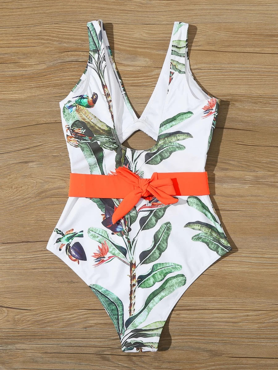 CM-SWS330335 Women Trendy Seoul Style Tropical Print Cut Out Belted One Piece Swimsuit