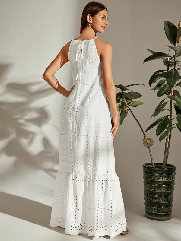 CM-DS323429 Women Casual Seoul Style Tie Back Halterneck Ruffle Hem Schiffy Dress - White