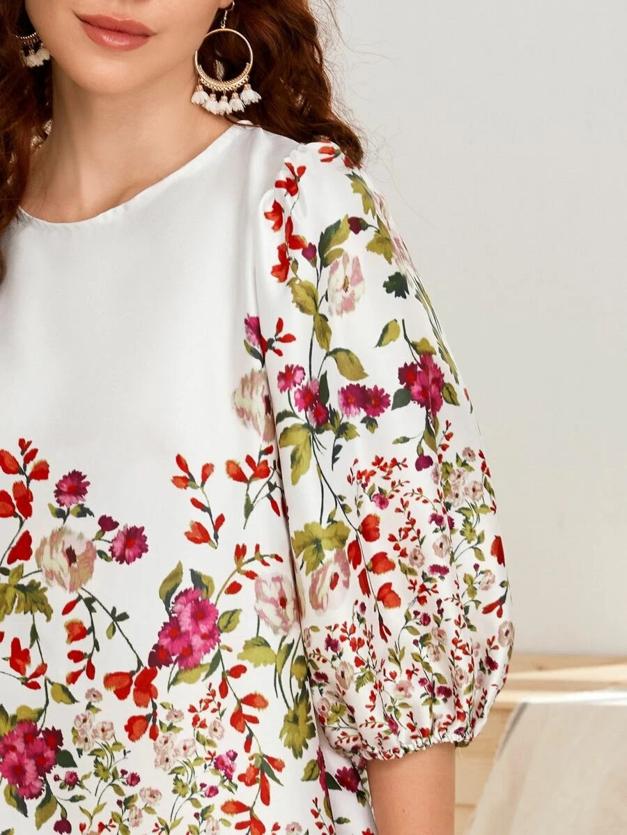CM-DS327999 Women Trendy Bohemian Style 3/4 Sleeve Floral Print Bishop Sleeve Tunic Dress
