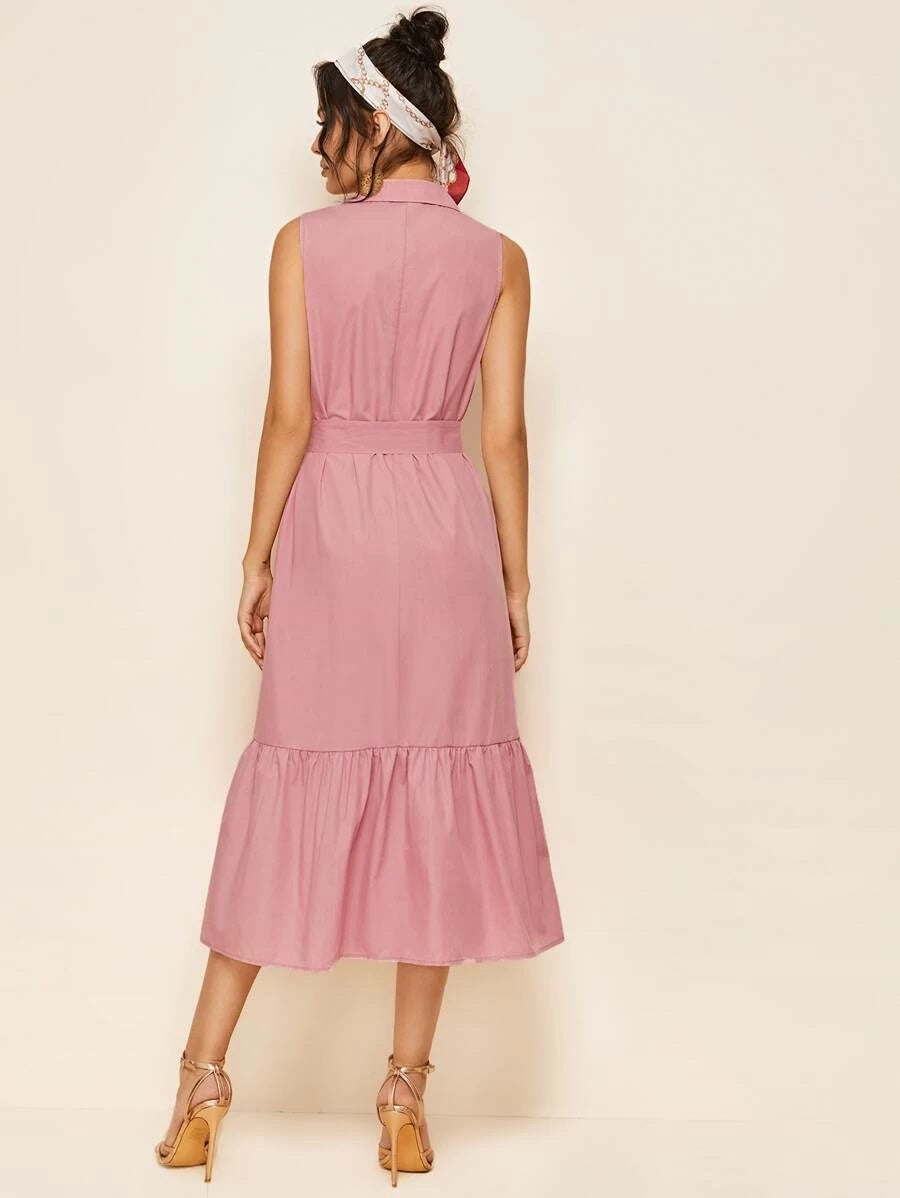 CM-DS108787 Women Casual Seoul Style Sleeveless Wave Tape Self Belted Ruffle Hem Shirt Dress