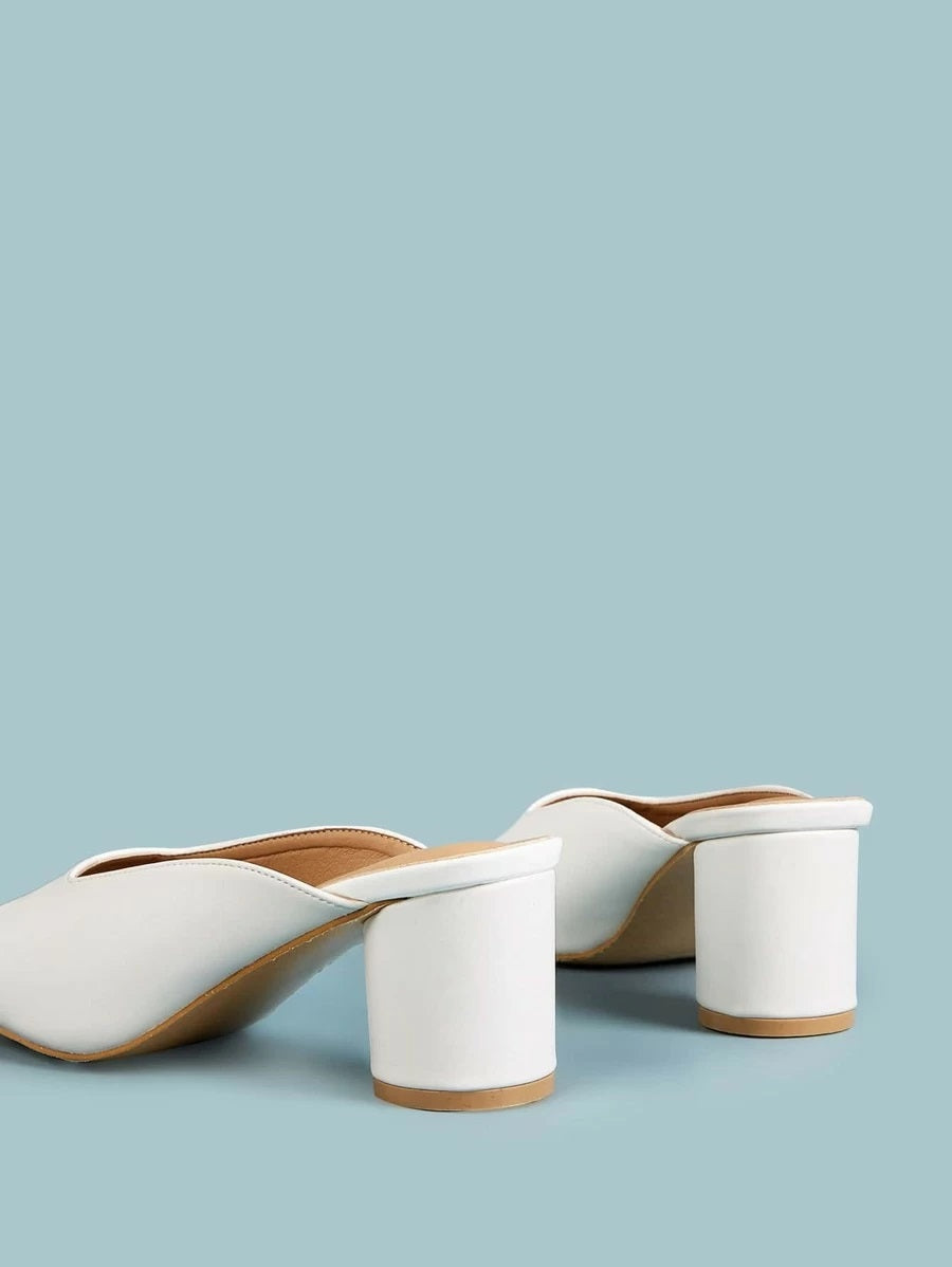 CM-SHS331656 Women Casual Seoul Style Square Toe High Vamp Chunky Heeled Mules - White