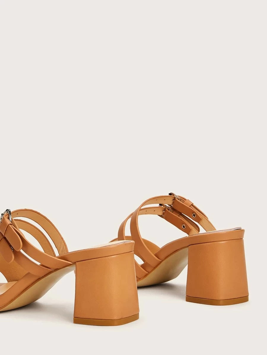 CM-SHS221937 Women Casual Seoul Style Double Buckle Strap Chunky Heeled Mules - Khaki