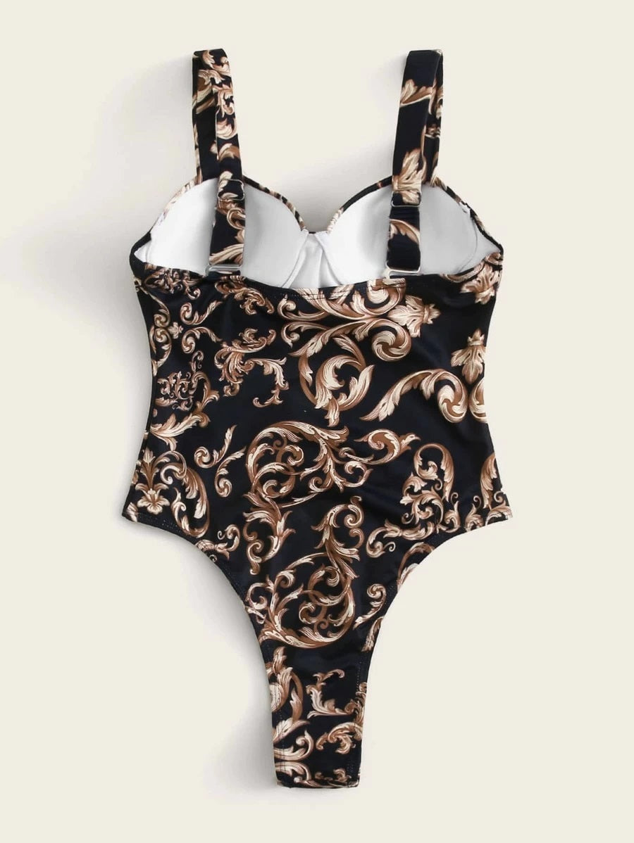 CM-SWS407654 Women Trendy Seoul Style Baroque Print Underwire One Piece Swimsuit