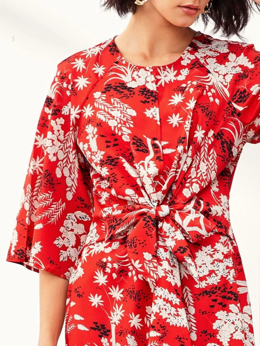 CM-DS327767 Women Trendy Bohemian Style Cut Out Back Leaf Print Tie Front Asymmetrical Dress