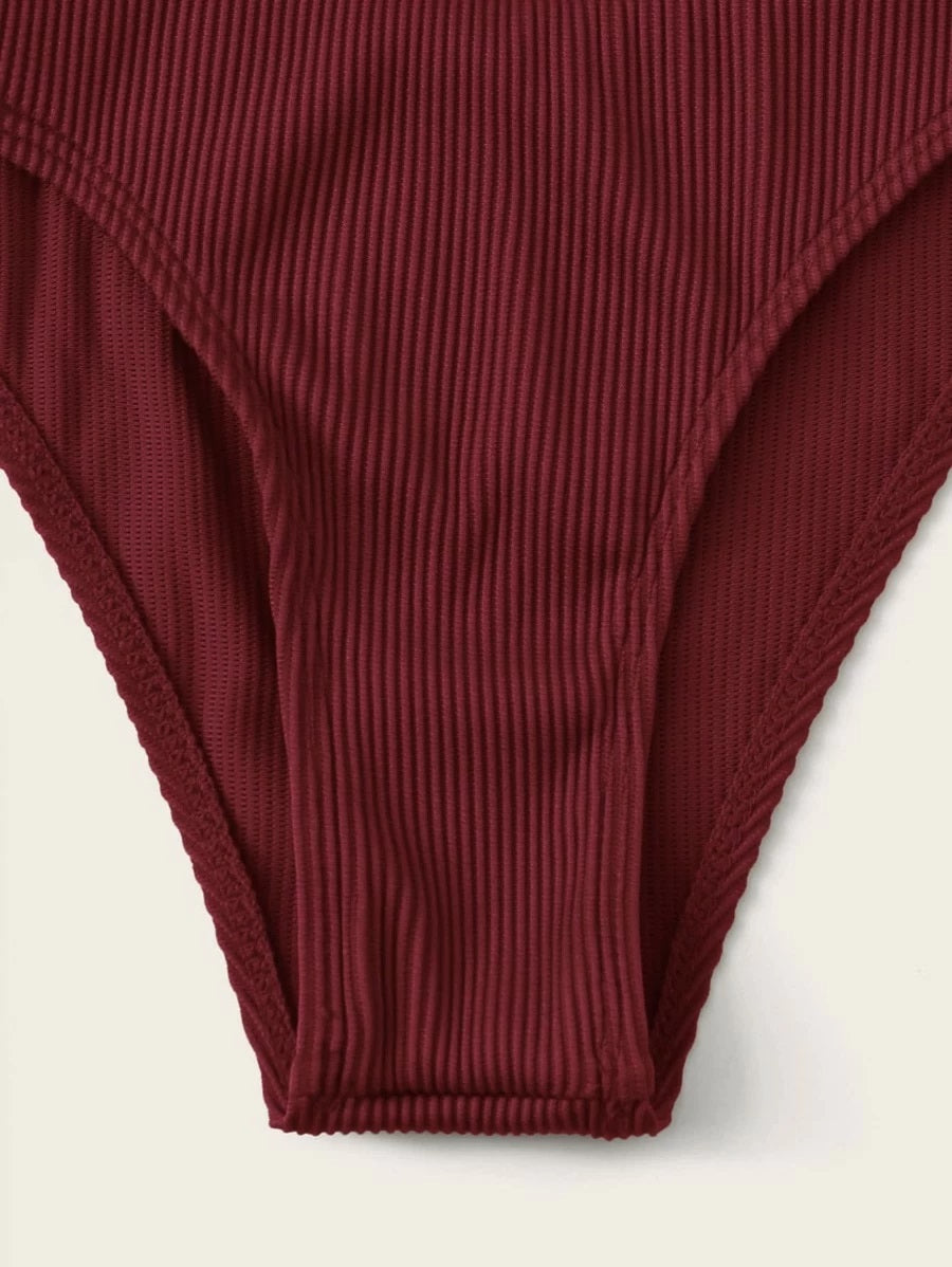 CM-SWS409764 Women Trendy Seoul Style Rib Triangle High Cut Bikini Swimsuit - Wine Red