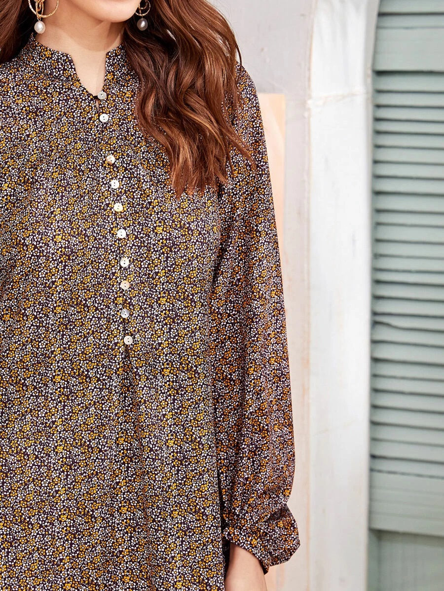 CM-DS401275 Women Elegant European Style Long Sleeve Ditsy Floral Button Front Smock Dress