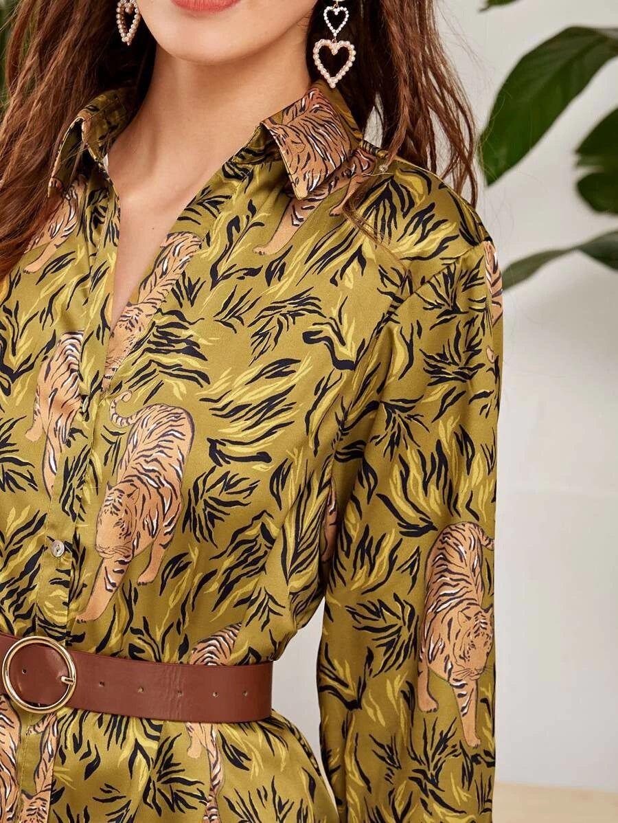 CM-DS331000 Women Elegant Seoul Style V-Neck Tiger Print Button Through Belted Shirt Dress