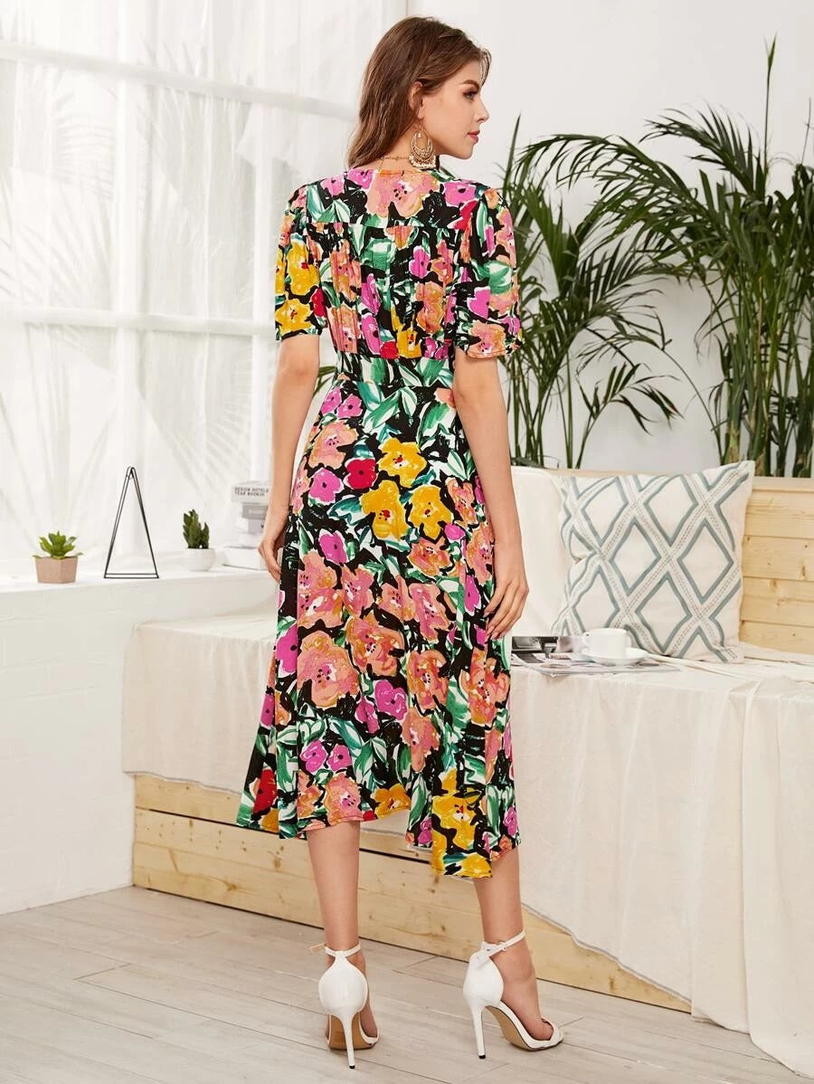 CM-DS326130 Women Trendy Bohemian Style Floral Print Deep V-Neck Split Hem A-Line Dress