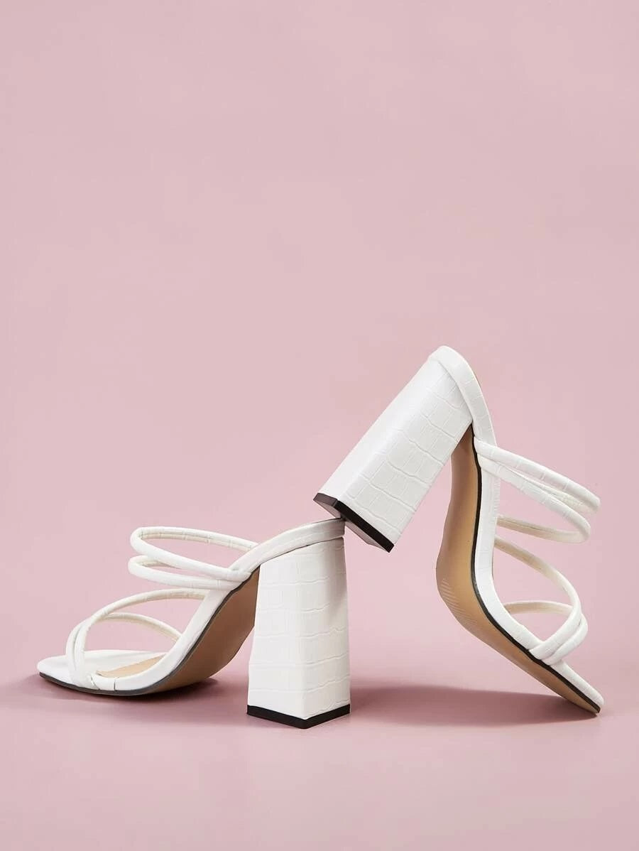 CM-SHS410433 Women Trendy Seoul Style Croc Embossed Strappy Chunky Heeled Mules - White