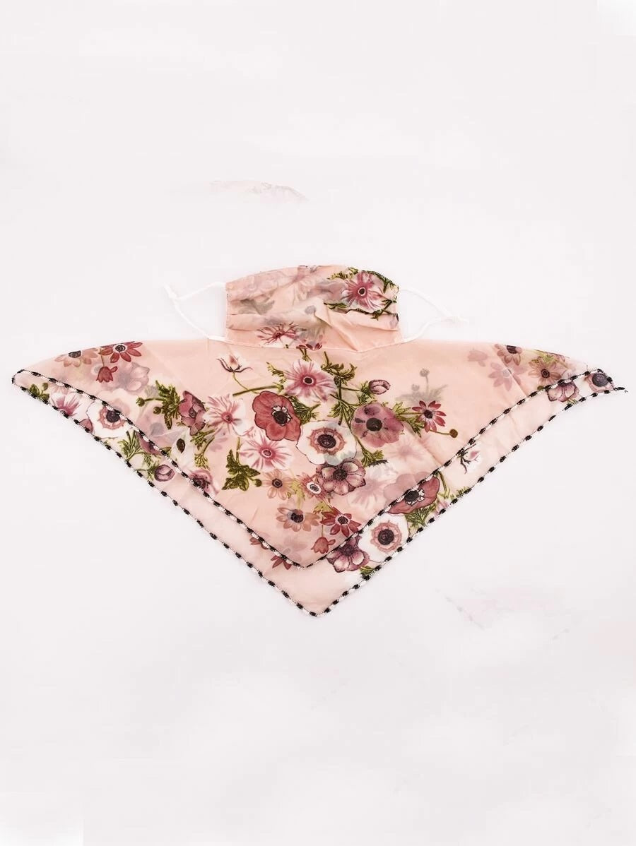 CM-FS409578 Women Floral Print Silk Scarf Mask - Pink