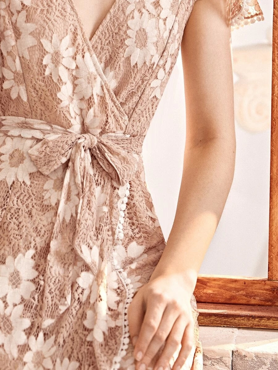 CM-DS401232 Women Elegant European Style V-Neck Lace Ruffle Hem Belted Wrap Dress - Nude