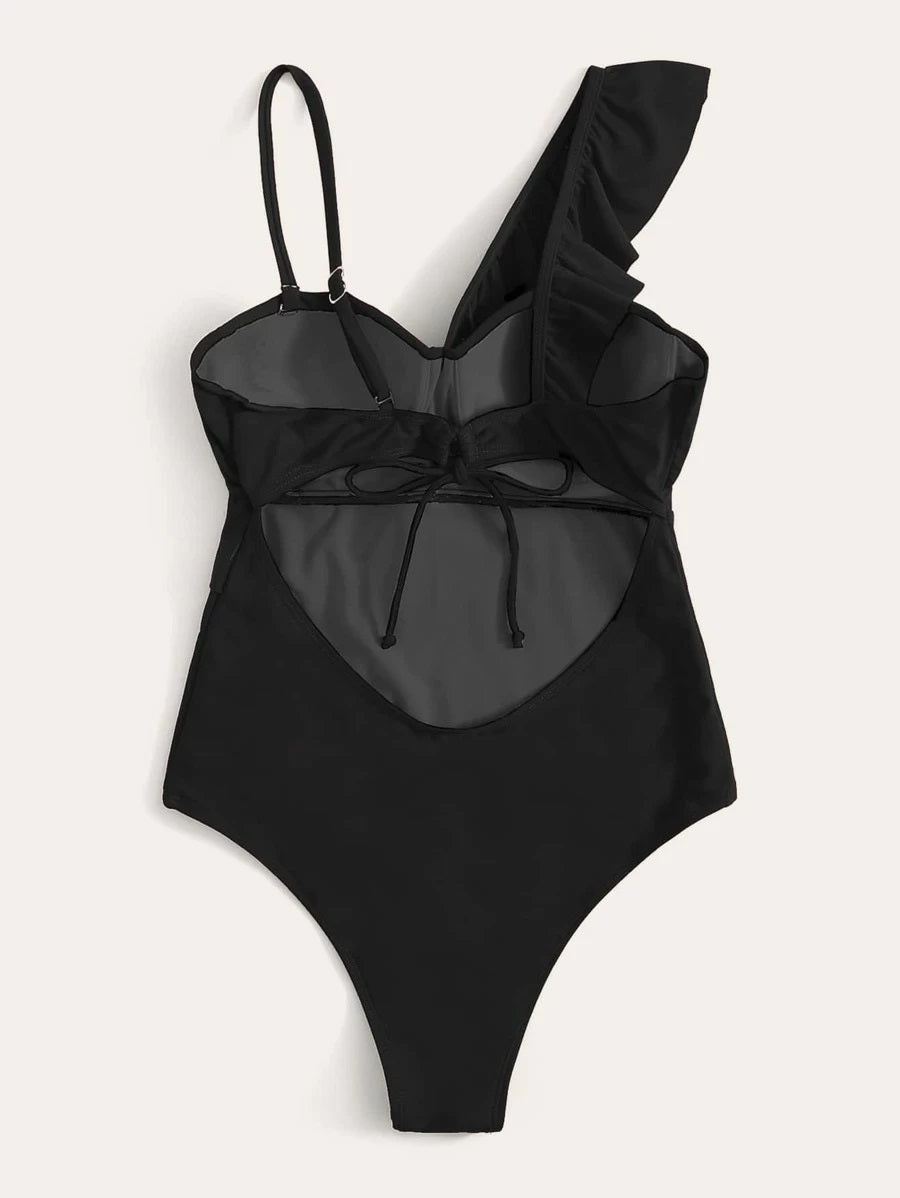 CM-SWS409023 Women Trendy Seoul Style Ruffle Trim Underwired One Piece Swimsuit - Black