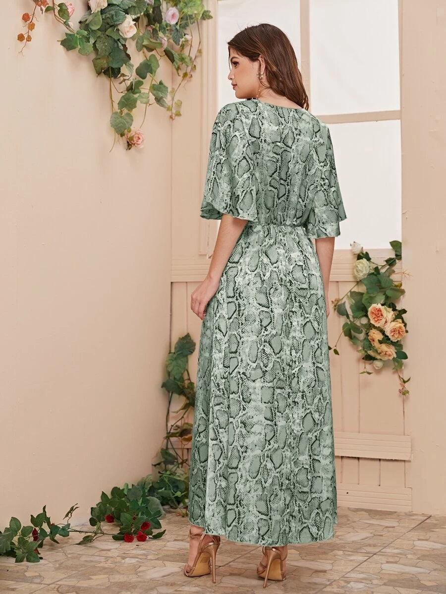 CM-DS406248 Women Casual Seoul Style V-Neck Snakeskin Print Flutter Sleeve Maxi Dress