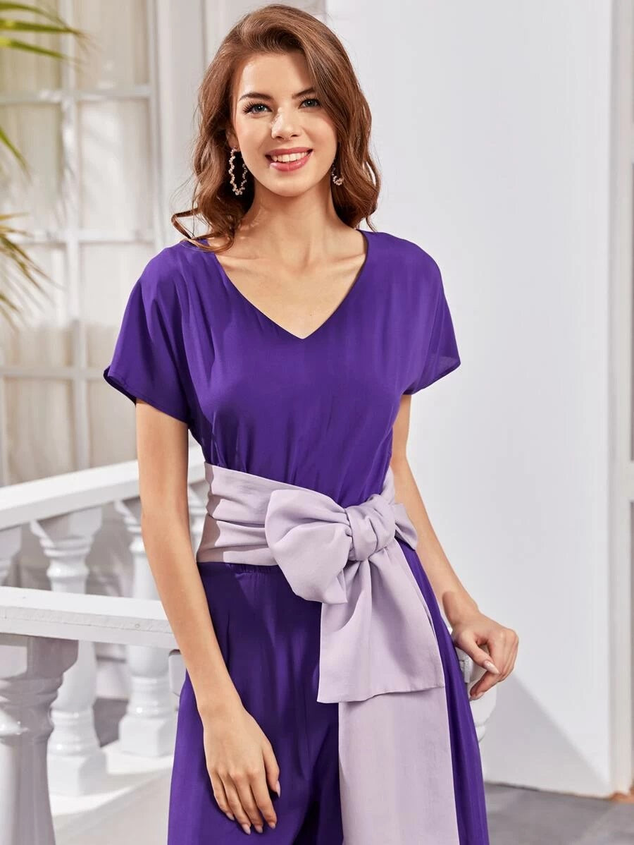 CM-JS408887 Women Elegant Seoul Style V-Neck Short Sleeve Wide Leg Jumpsuit With Contrast Belt - Purple