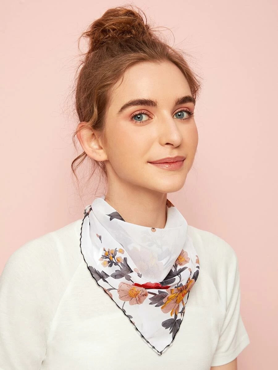 CM-FS325799 Women Floral Pattern Silk Scarf Mask - White