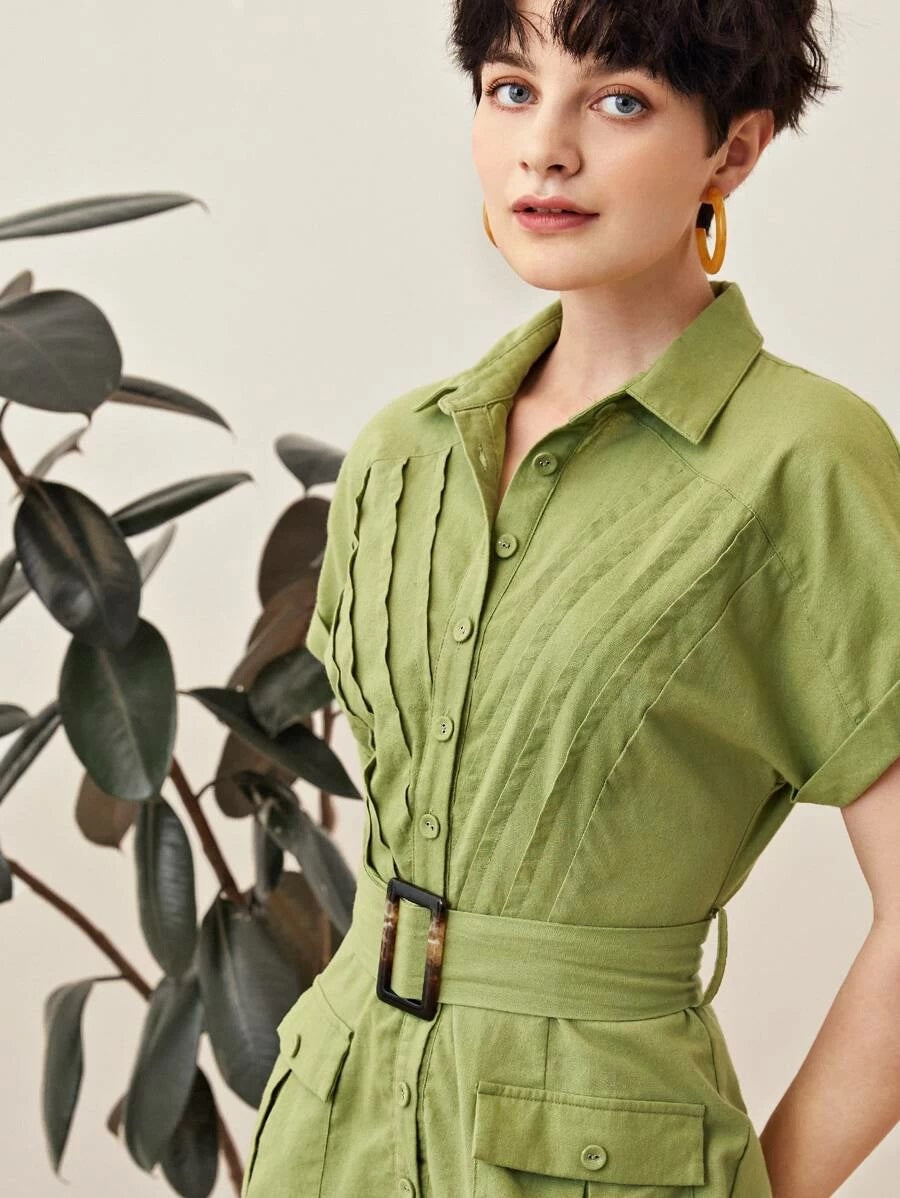 CM-JS330009 Women Casual Seoul Style Flap Pocket Cuffed Shirt Romper With Buckle Belt - Green