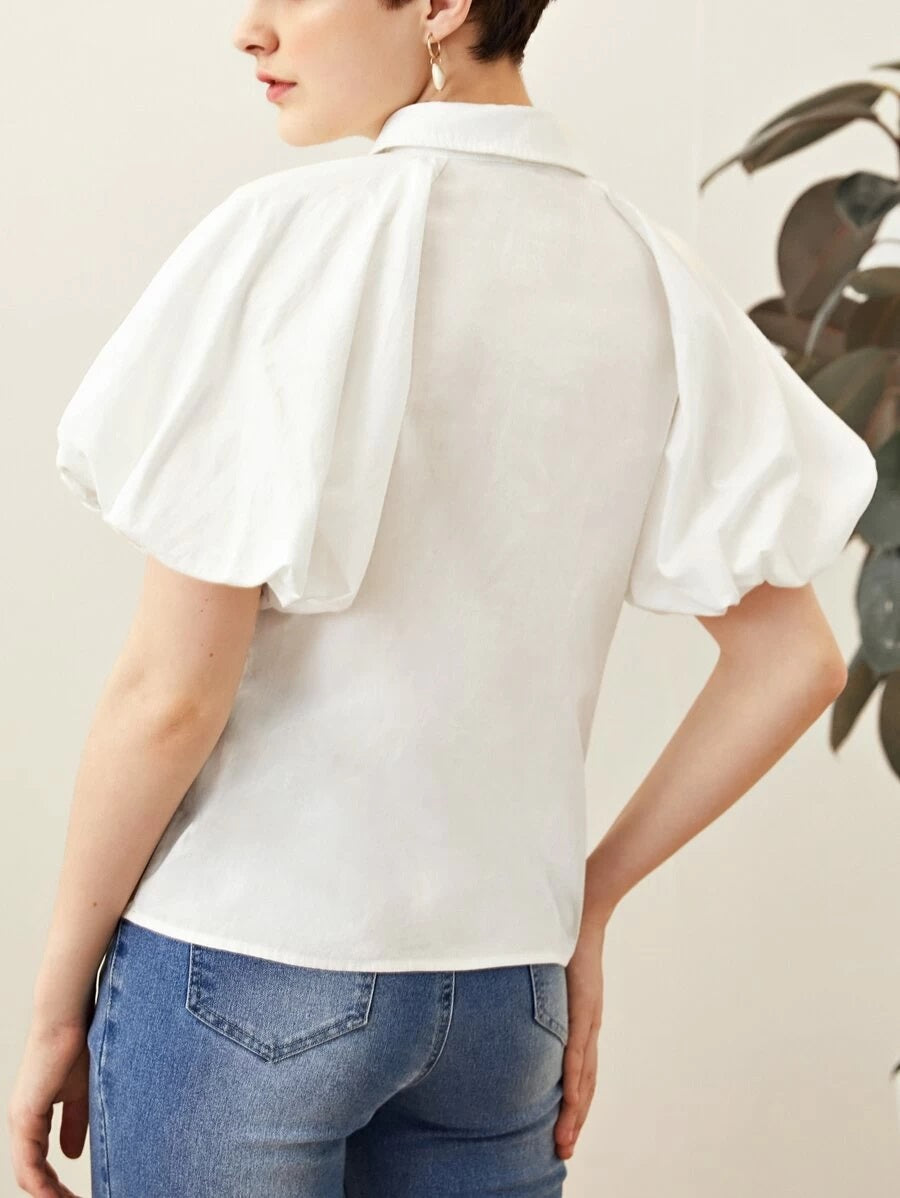 CM-TS312671 Women Casual Seoul Style Collar Puff Short Sleeve Patch Pocket Blouse - White