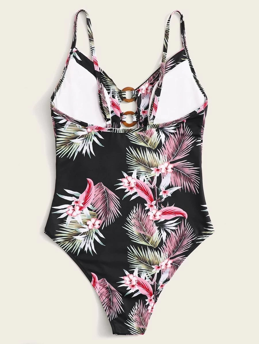 CM-SWS420985 Women Trendy Seoul Style Tropical Print Ring Linked One Piece Swimsuit