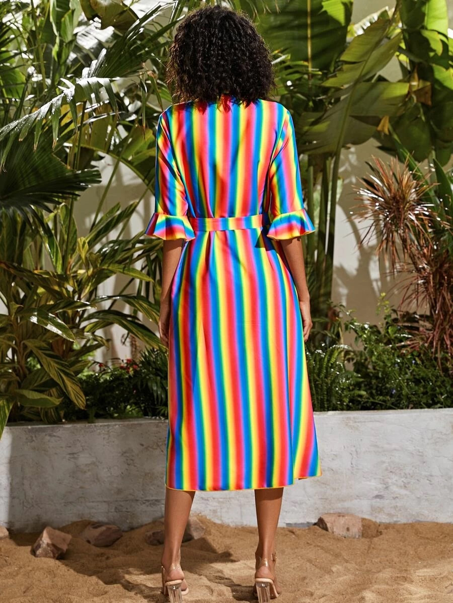 CM-DS416239 Women Casual Seoul Style Ruffle Hem Flap Pocket Belted Rainbow Striped Dress