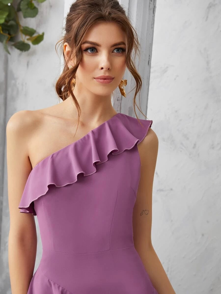 CM-DS304218 Women Elegant Seoul Style One Shoulder Layered Ruffle Trim Long Dress - Purple