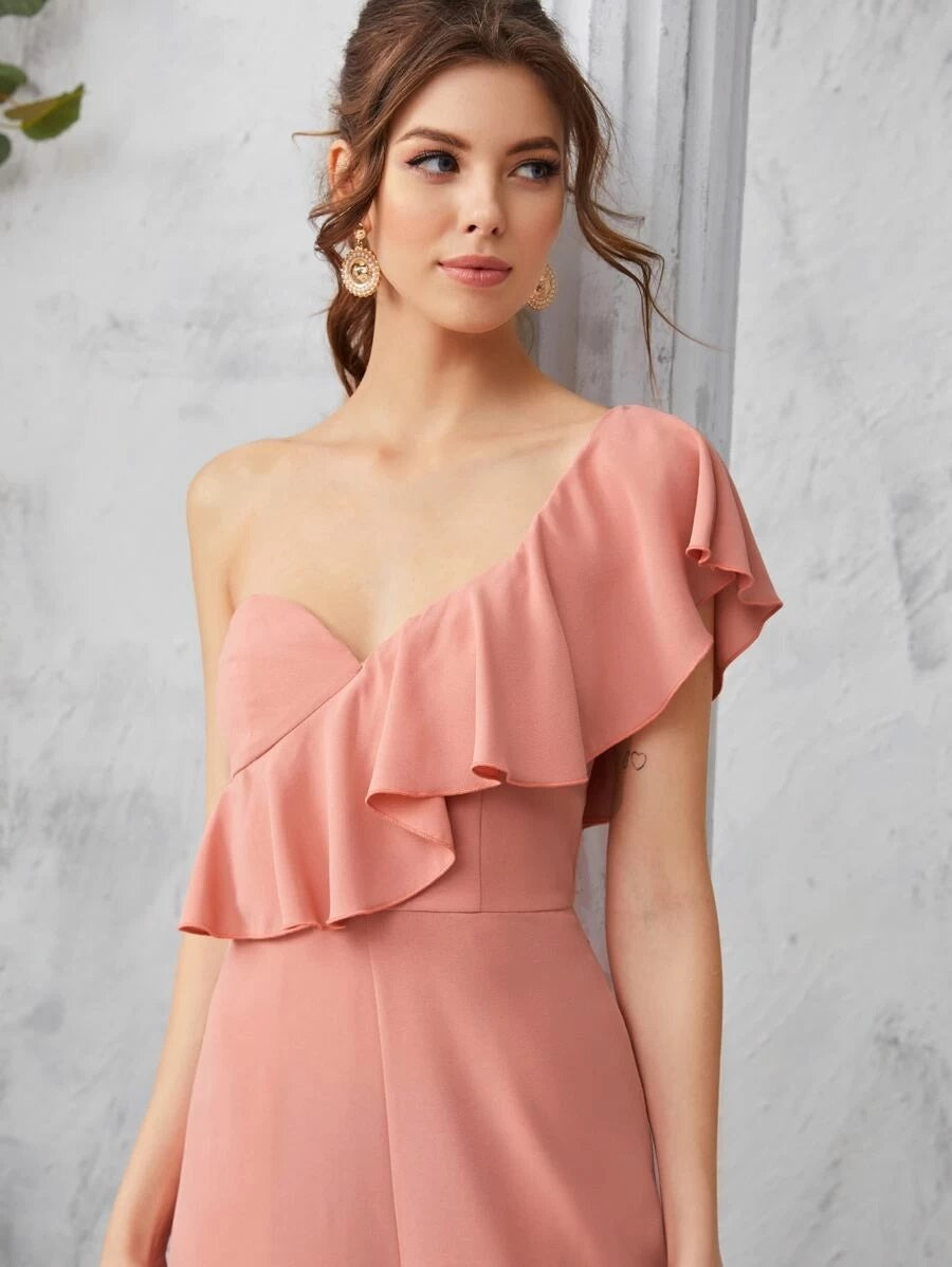 CM-JS401118 Women Elegant Seoul Style Cap Sleeve One Shoulder Ruffle Trim Jumpsuit - Pink