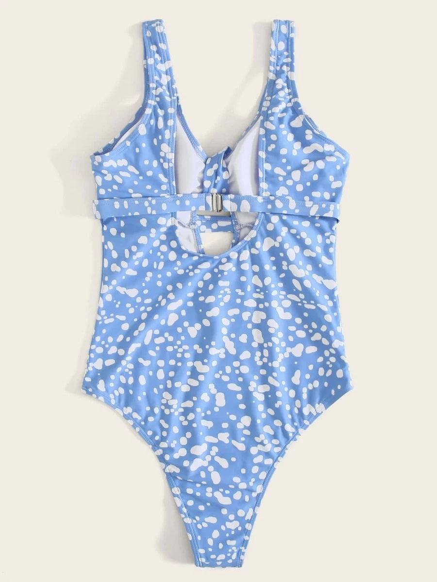 CM-SWS422092 Women Trendy Seoul Style Dalmatian Knot Front One Piece Swimsuit - Blue