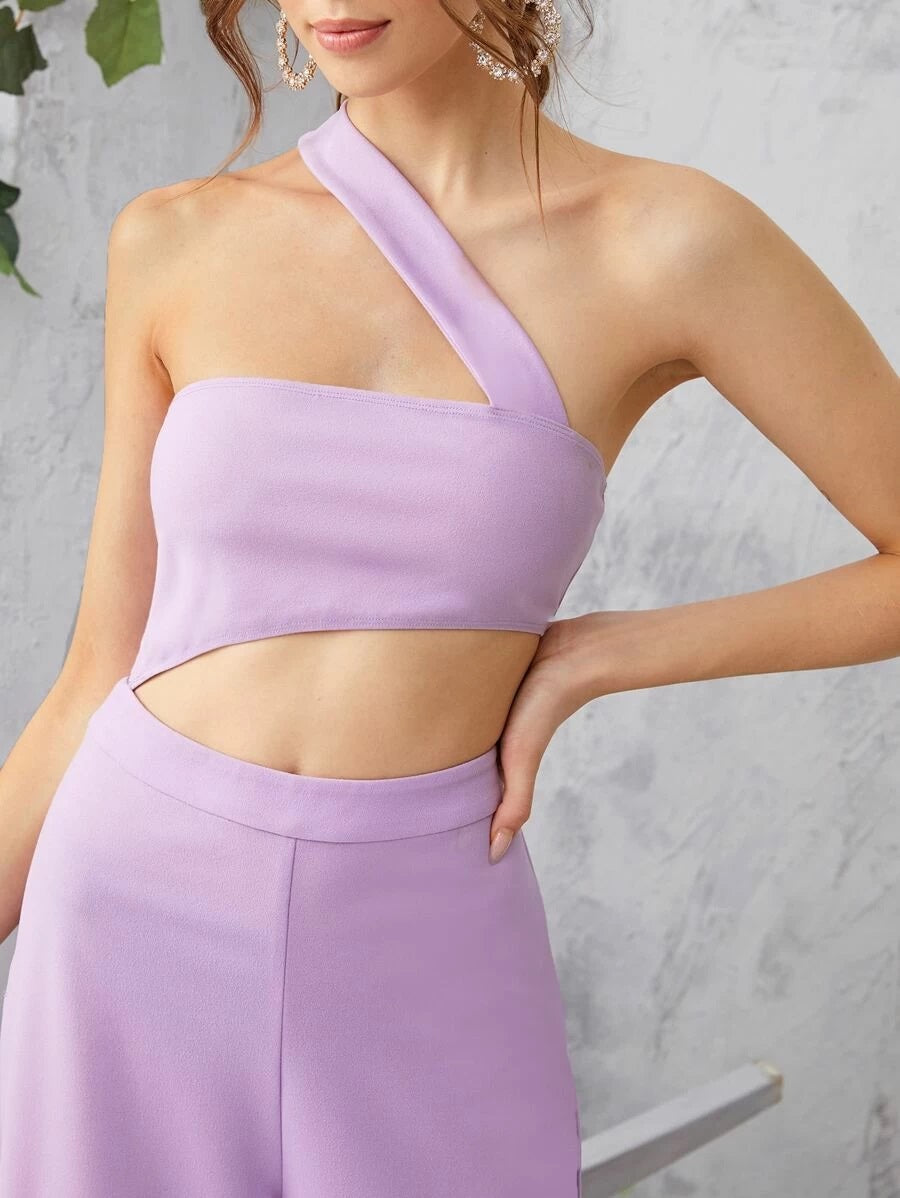CM-JS319341 Women Elegant Seoul Style Sleeveless One Shoulder Cutout Detail Palazzo Jumpsuit - Purple