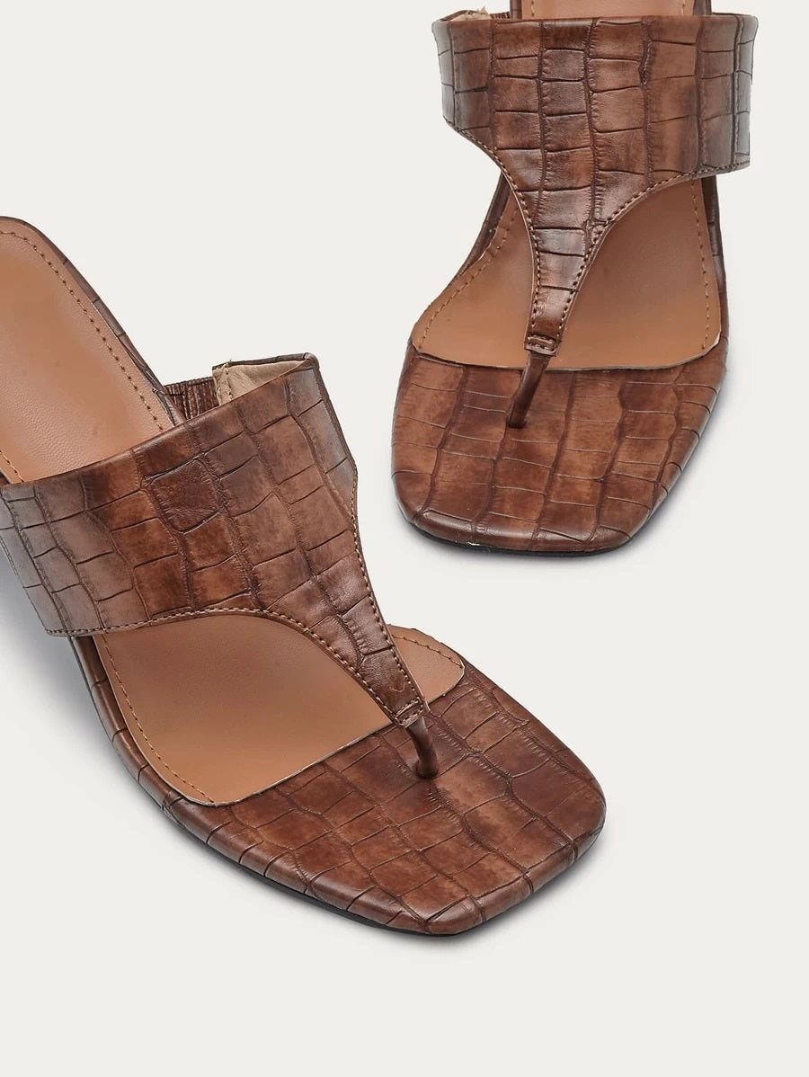 CM-SHS423867 Women Trendy Classic Style Toe Post Croc Embossed Chunky Heeled Mules