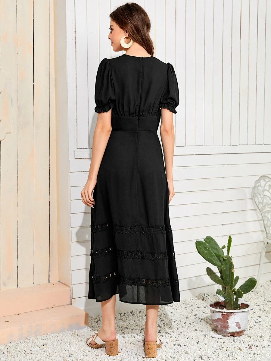 CM-DS326519 Women Elegant European Style Plunging Neck Embroidery Mesh Insert Flare Dress - Black