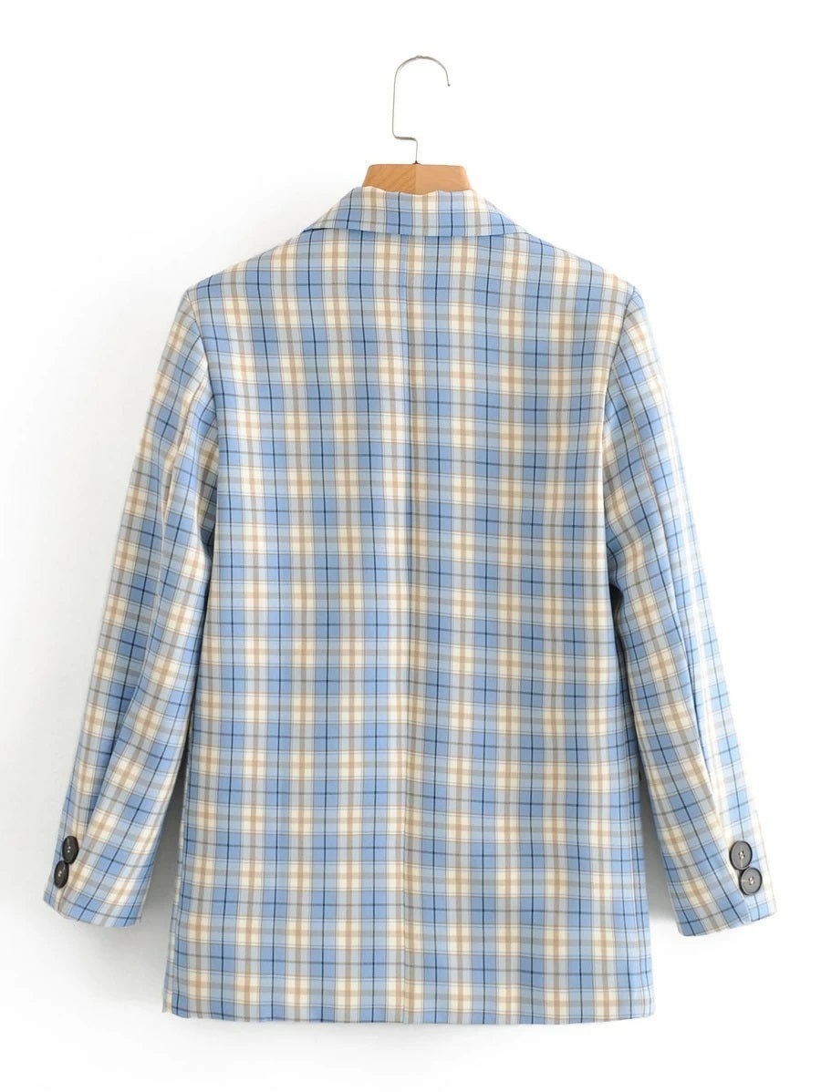 CM-CS420979 Women Elegant Seoul Style Long Sleeve Single Button Double Pocket Plaid Blazer - Blue