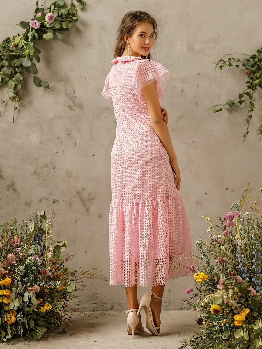 CM-DS414747 Women Elegant Seoul Style Short Sleeve Solid Ruffle Hem Hollow Out Dress - Pink