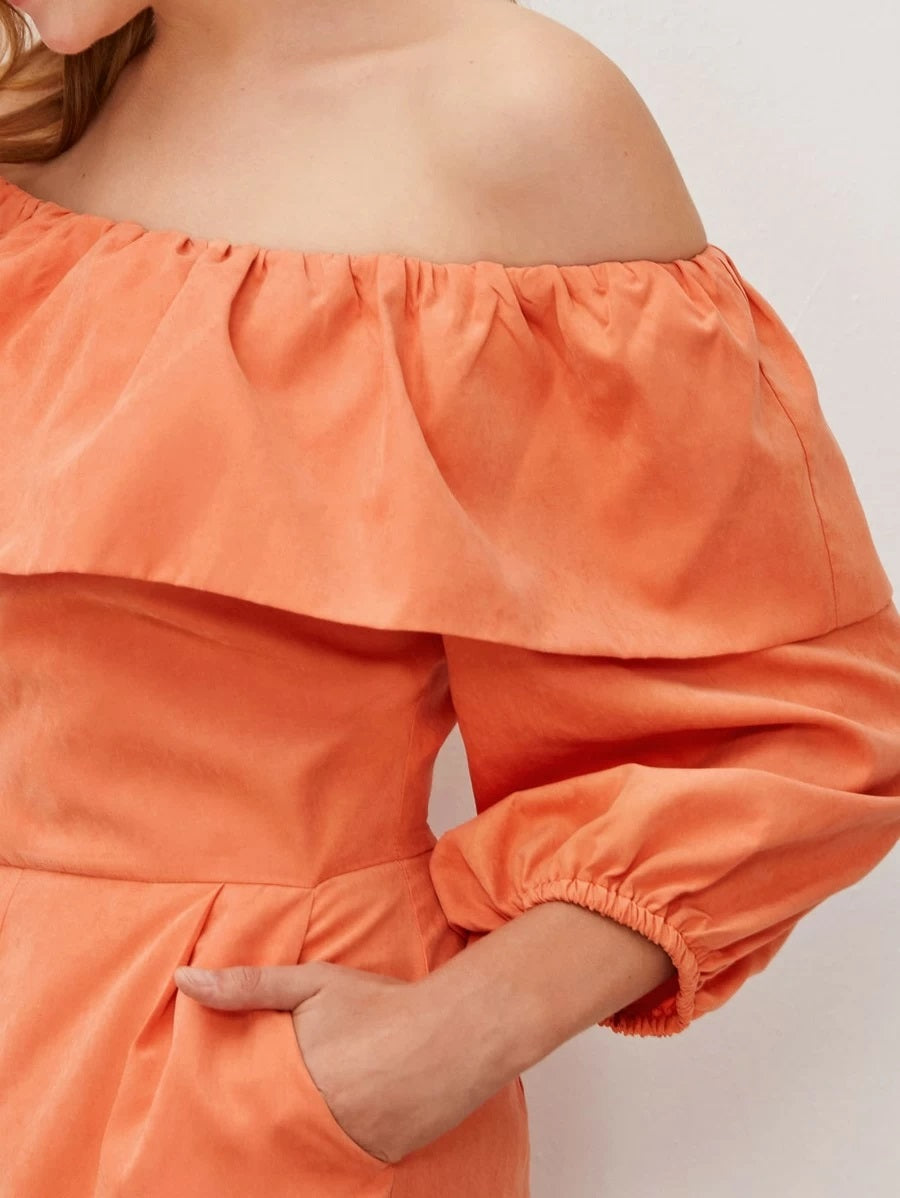 CM-JS409107 Women Casual Seoul Style 3/4 Sleeve Flounce Off Shoulder Cuffed Romper - Orange