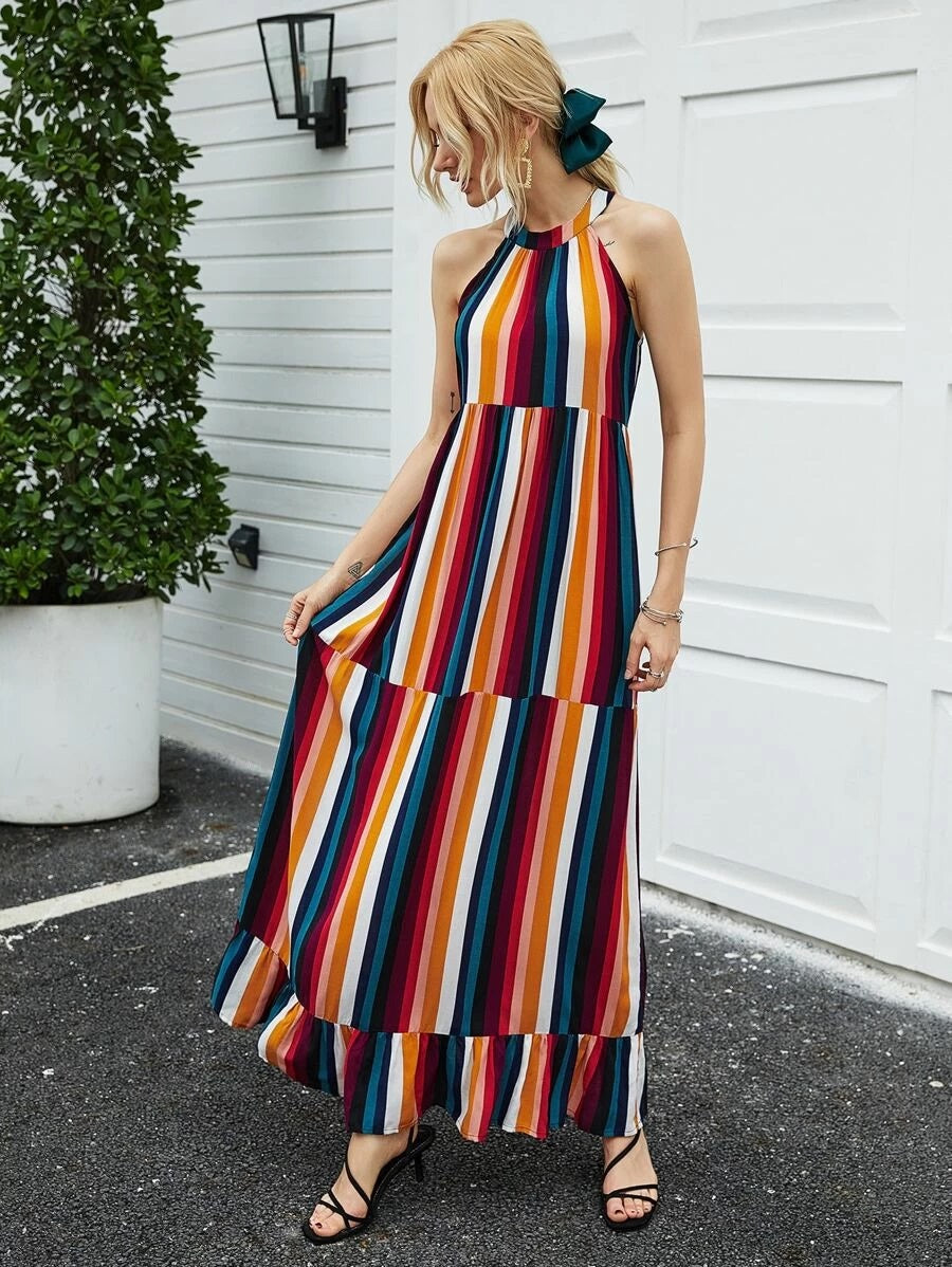 CM-DS415289 Women Trendy Bohemian Style Multi-Color Stripe Ruffle Hem Halter Long Dress