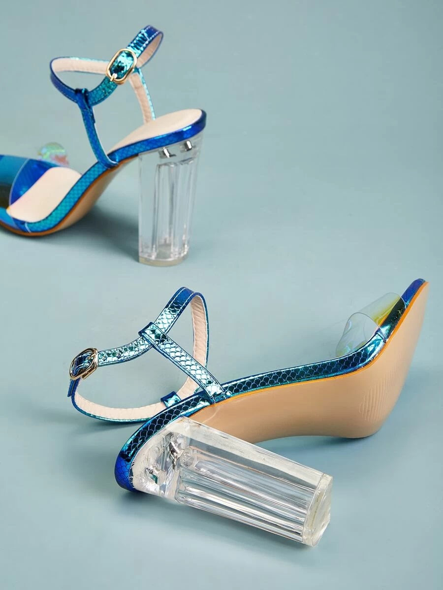 CM-SHS427134 Women Elegant Seoul Style Holographic Ankle Strap Chunky Heels - Blue